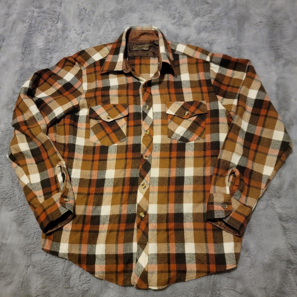 Vintage Sears Shirt‎ Mens Large Brown Plaid Lined Flannel Button Up Workwear 80s
